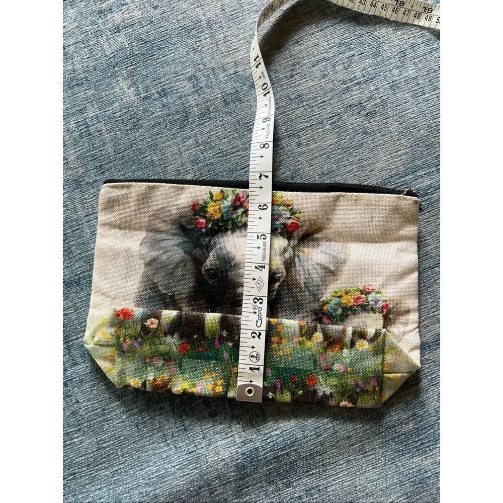 Elephant Mom Baby Floral Cotton Canvas Small Makeup Bag Travel Toiletry Pouch
